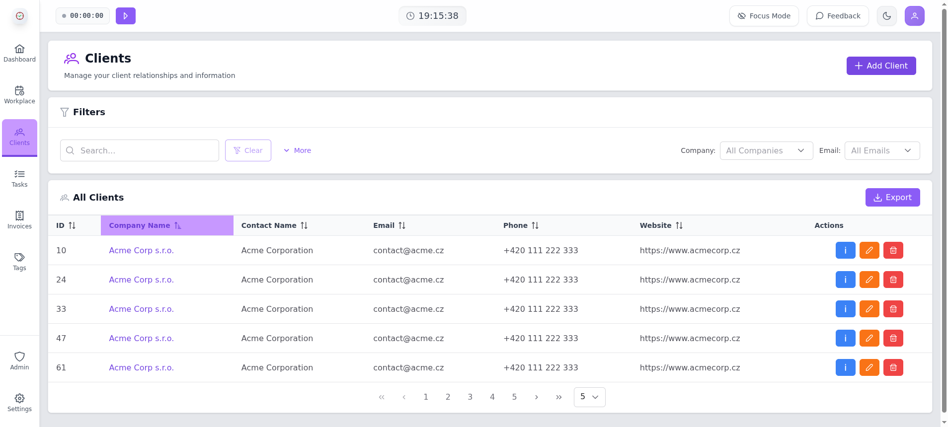 Timity clients page showing each client with its tasks, tracked hours, and billing status