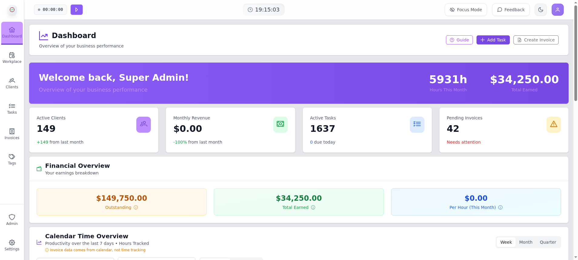 Preview of the Timity demo video — dashboard with clients, tasks, tracked time, and invoices in a single view