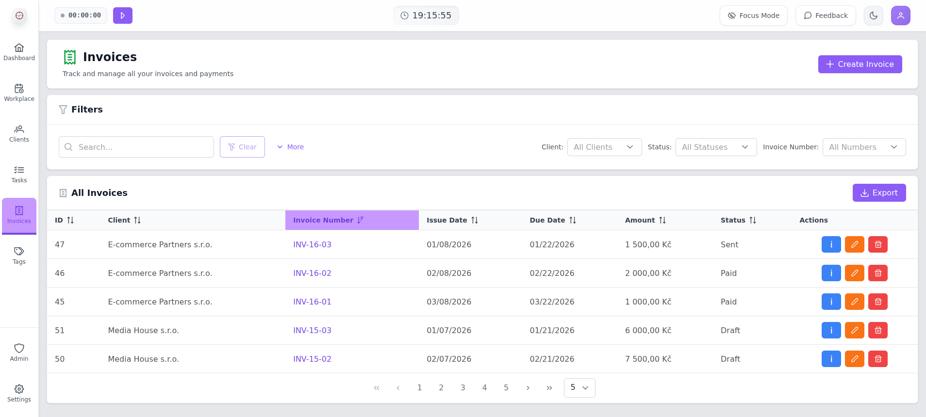 Timity invoice draft pre-filled from tracked work with client details already resolved