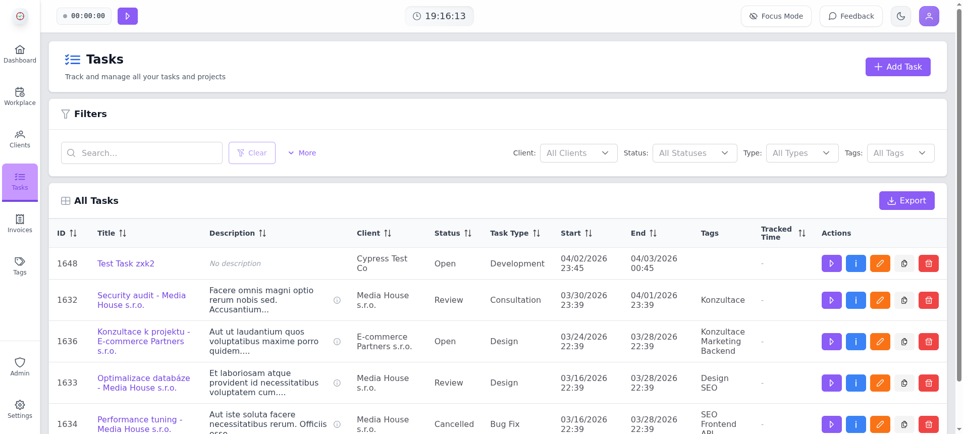Timity task list with an inline timer and time entries linked directly to each task