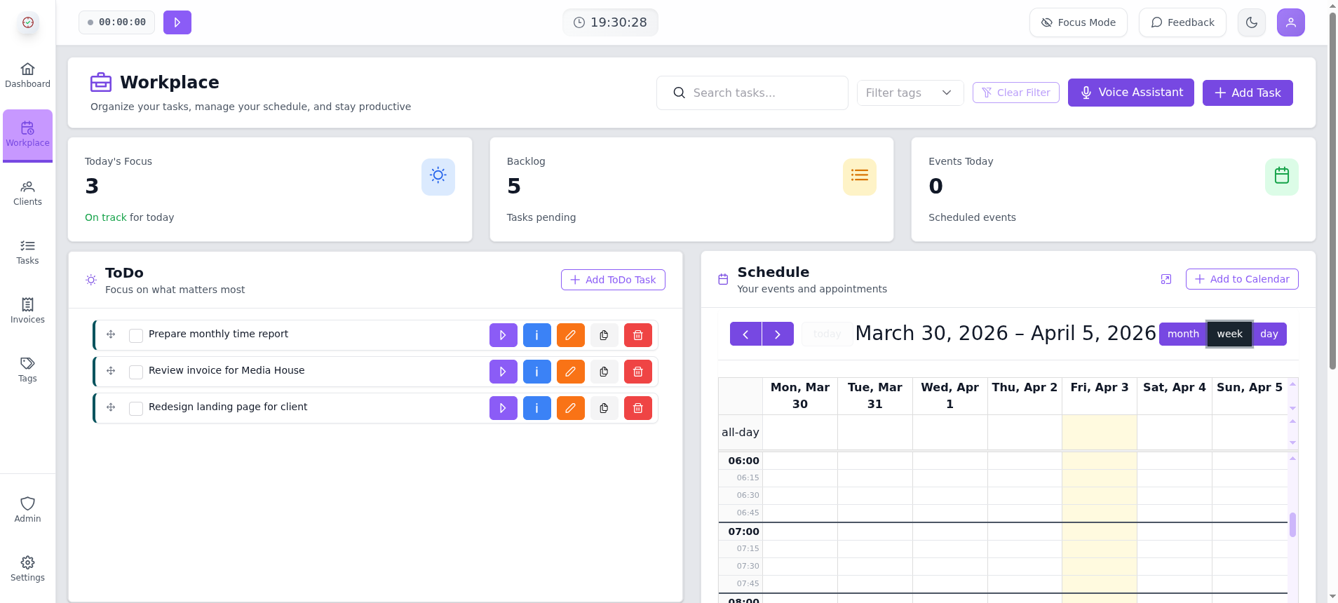 Timity workplace overview showing active tasks, tracked time, and pending invoices without switching tools